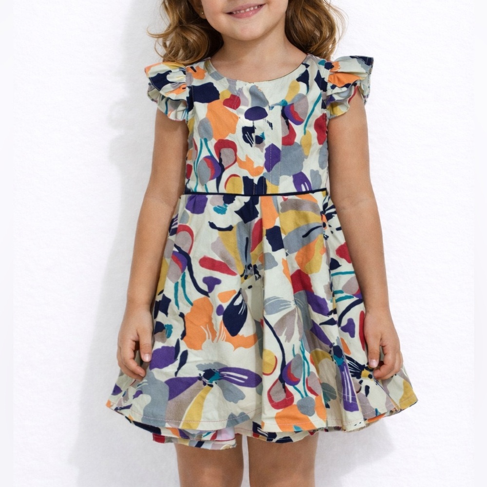 Handmade Boutique Twirl Dress Girls 3T Abstract Floral Flutter Sleeve Boho Cute